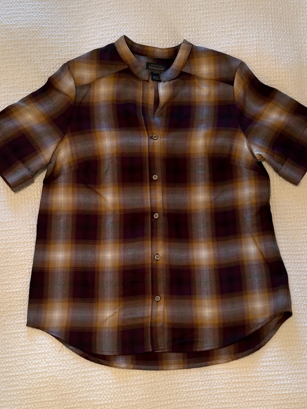 Pendleton | 100% Virgin Wool Plaid Shirt | Brown Gold Purple | Size = M